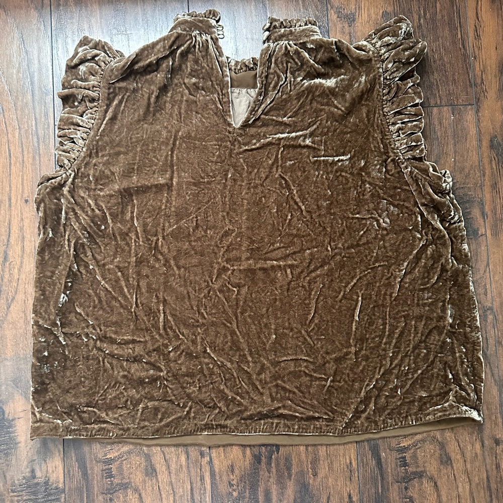 Ulla Johnson Crushed Velvet Ruffle-Trim Sleeveless Top — Brown - Picture 2 of 5